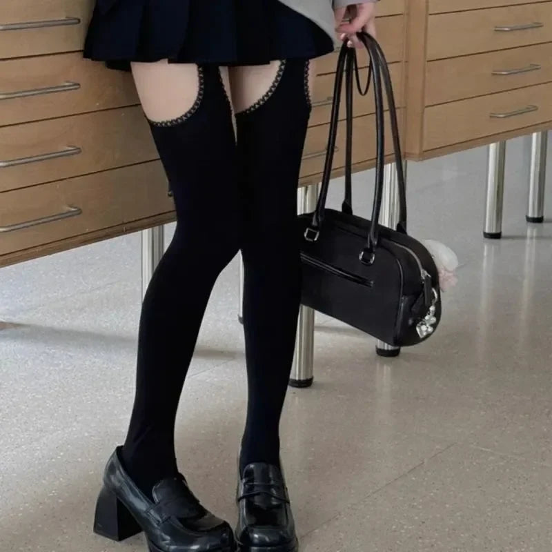 Women Suspender Wide-banded Velvet Tights Lolita Thin Thigh High Stockings with Garters Y2K JK College Style Over The Knee Socks