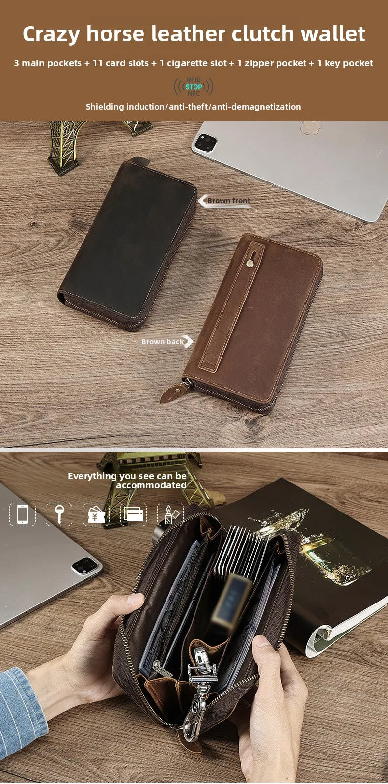 Men's Clutches Long Handbag Business Vintage Cow Leather Man Long Wallet For Men And Woman Oil Wax Zipper Bag Purse