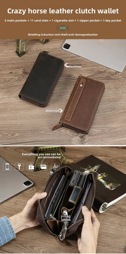 Men's Clutches Long Handbag Business Vintage Cow Leather Man Long Wallet For Men And Woman Oil Wax Zipper Bag Purse