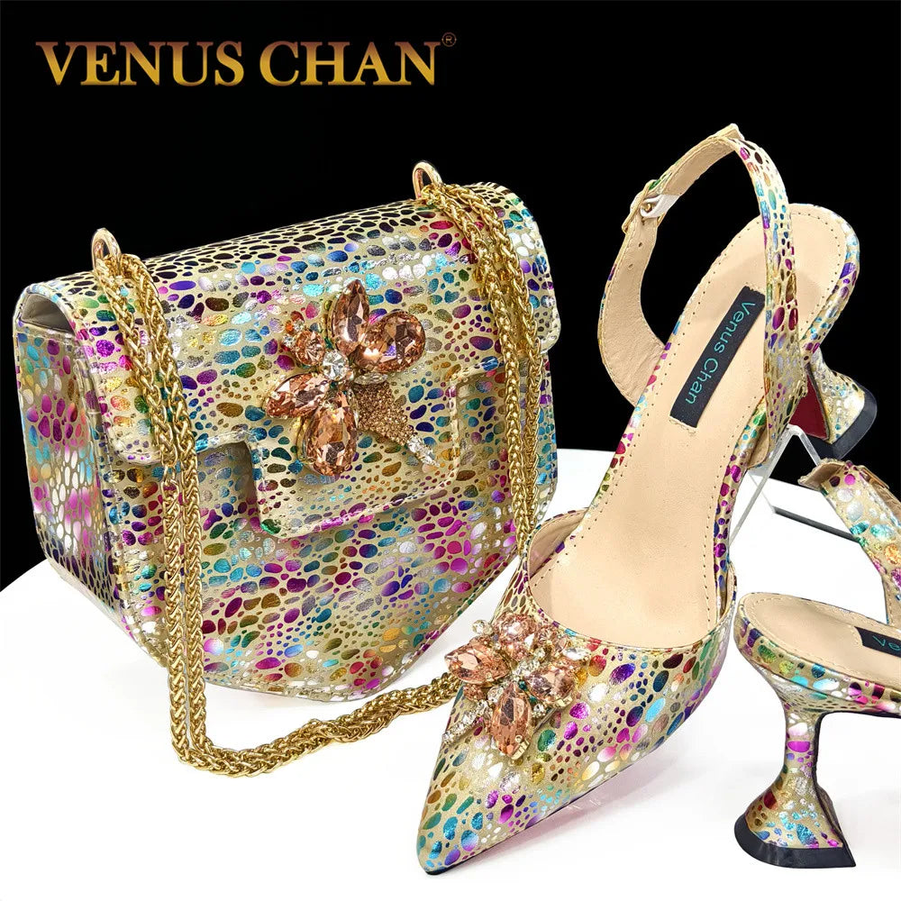 2026 Gold Color Thin Heels Pointed Toe Crystal Design Ladies Shoes Matching Bag Set For Women Weeding Party Pump