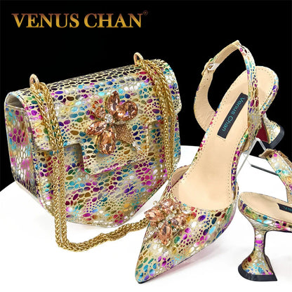 2026 Gold Color Thin Heels Pointed Toe Crystal Design Ladies Shoes Matching Bag Set For Women Weeding Party Pump