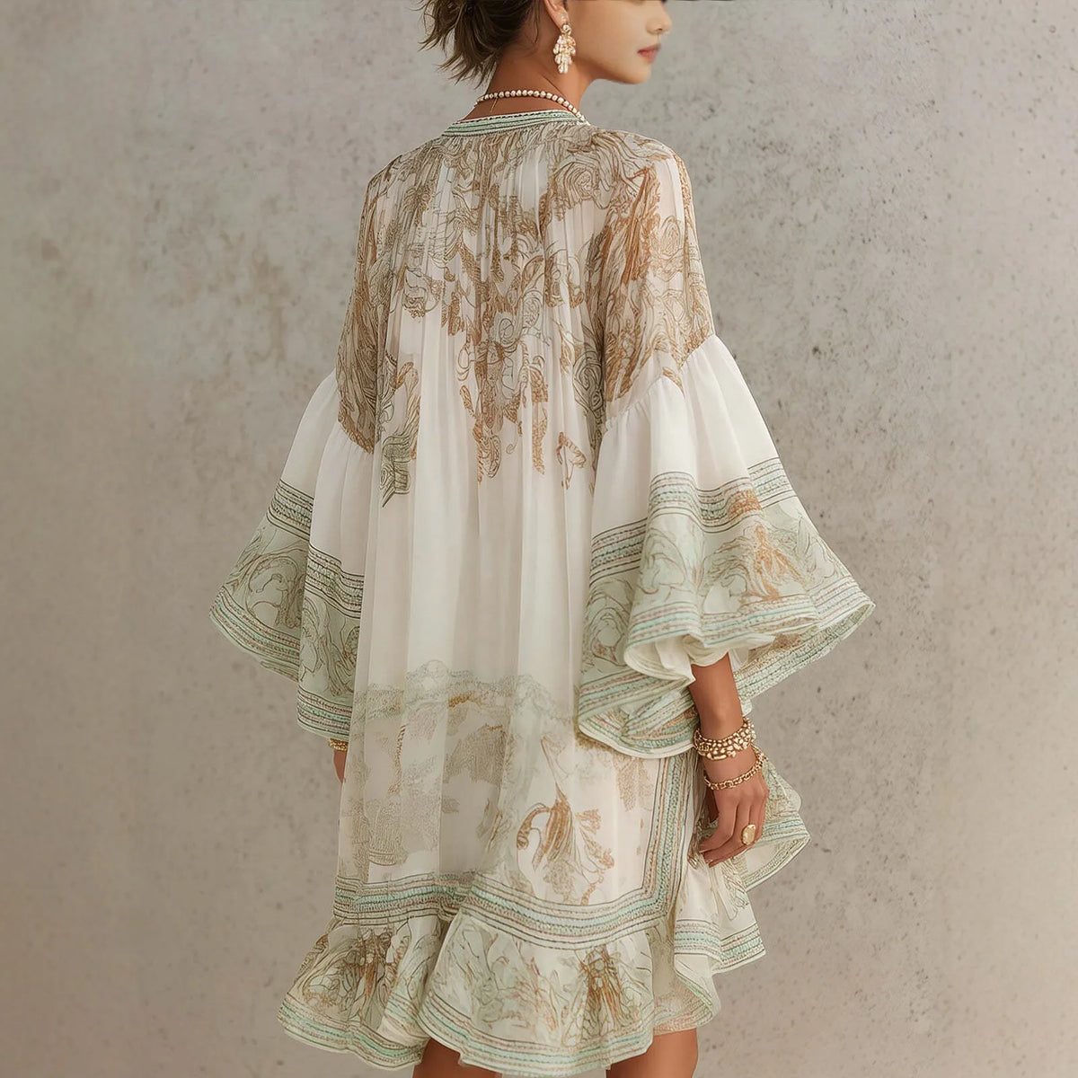 2026 New European and American Style Printed Lotus Leaf Hem Dress for Women, Vacation-Inspired, Loose Fit, Flowing, Stylish Shor