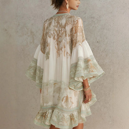 2026 New European and American Style Printed Lotus Leaf Hem Dress for Women, Vacation-Inspired, Loose Fit, Flowing, Stylish Shor