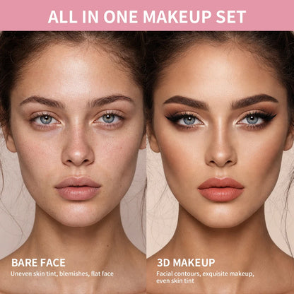 All-In-One Complete Makeup Kit Full Cosmetic Set for Women Includes Eyebrow Eyeliner Eyeshadow Blendable Portable Travel Daily Party Makeup for Beginners Ladies