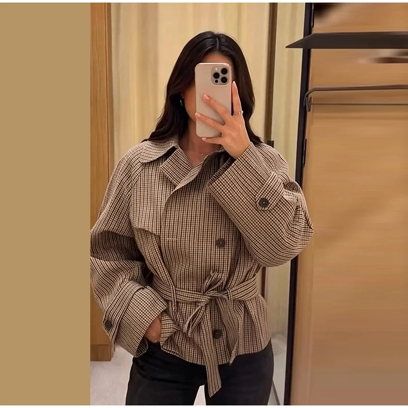 Plaid Cropped Trench Coat Lapel Collar Double Breasted Belted Waist Long Sleeve Women All-match Coats 2026 Autumn Commute Outfit