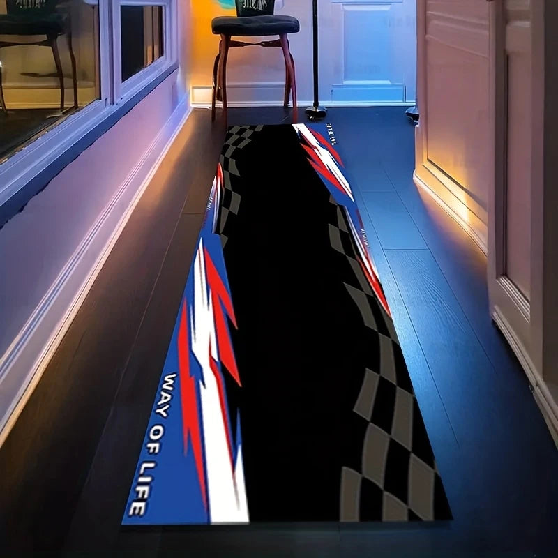 VIKAMA Motorcycle Garage Long Mat Checkered Flag Non Slip Wear Resistant Corridor Rug for Boys Bedroom E-Sports Room Decor