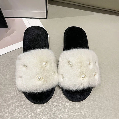 Perle Fluffy Slippers Home Winter Casual Designer Shoes Women 2025 New Luxury Indoor Plush Slides Girls Fashion Elegant Footwear