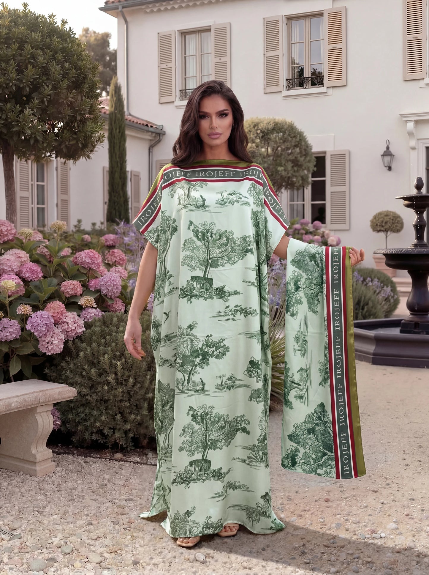 Vintage Landscape Print Satin Abaya Scarf Set, Loose Batwing Maxi Kaftan Modest Dress for Muslim Women Summer Daily Holiday Wear