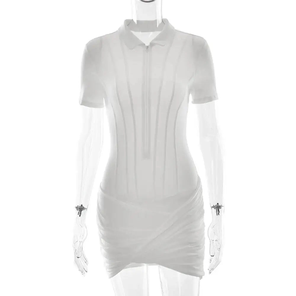 Sibybo Polo Collar Zipper Women Jumpsuits Set Short Sleeve High Elastic Rompers Ruched Bodycon Skirt Spring Casual Matching Sets