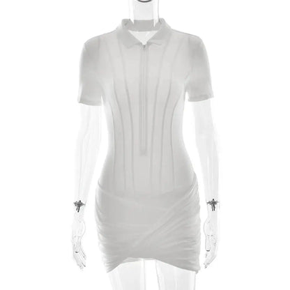 Sibybo Polo Collar Zipper Women Jumpsuits Set Short Sleeve High Elastic Rompers Ruched Bodycon Skirt Spring Casual Matching Sets