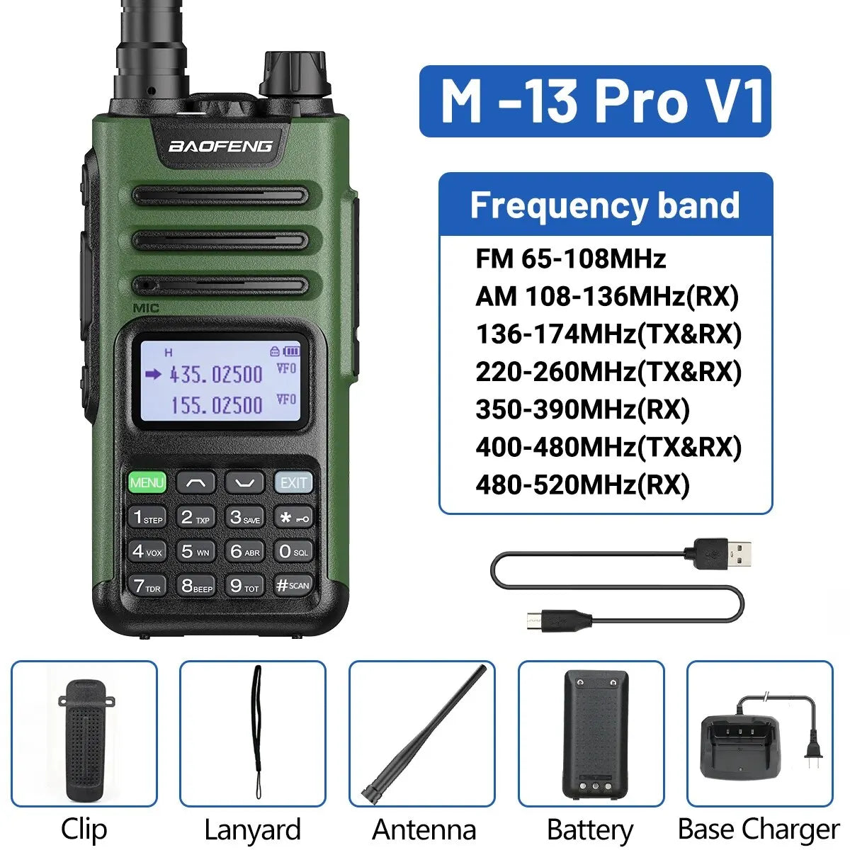 BaoFeng M 13 Pro Walkie Talkie AM FM Radio Wireless Copy Frequency Type-C Charger Long Range UV K5 Ham Two Way Radio
