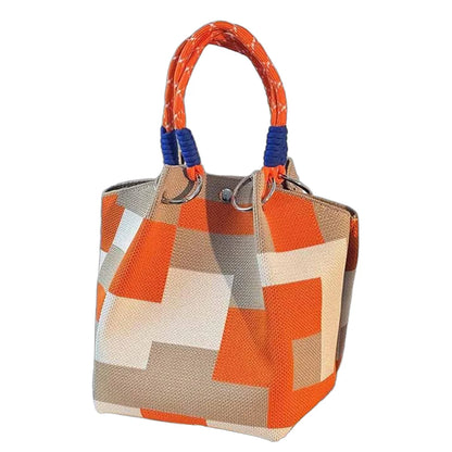 Women's Color Block Knit Tote Bag Bucket Bag Storage Bag with Adjustable Straps & Metal Rings Snap Closure for Casual Travel