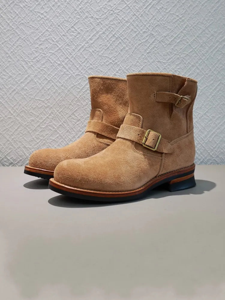 Men New Handmade Comfortable Buckle Ankle Boots High Top Mid Heel Sneakers Classic Cow Suede Leather Work Shoes Motorcycle Boots