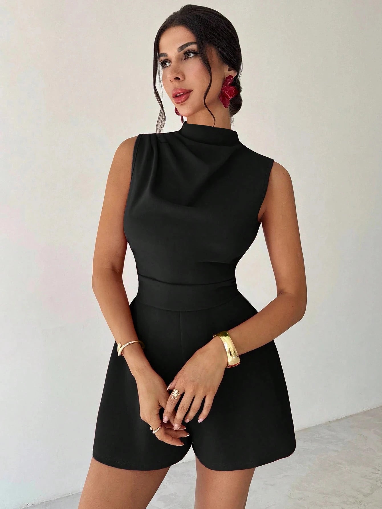 Women's Black Sleeveless Mock Neck Jumpsuit, Waist-Tie Slimming Wide Leg Shorts, Elegant Socialite Style Romper