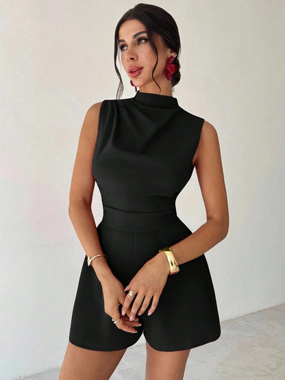 Women's Black Sleeveless Mock Neck Jumpsuit, Waist-Tie Slimming Wide Leg Shorts, Elegant Socialite Style Romper