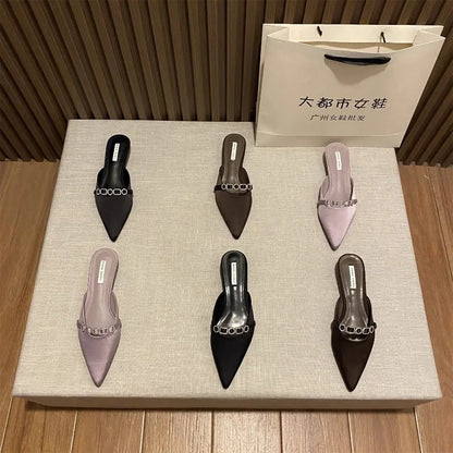 2025 New Luxury Fashion Rhinestones Ladies Heeled Slippers Sandals Shoes Female Low Heel Slides Slippers Shoes for Women Mules