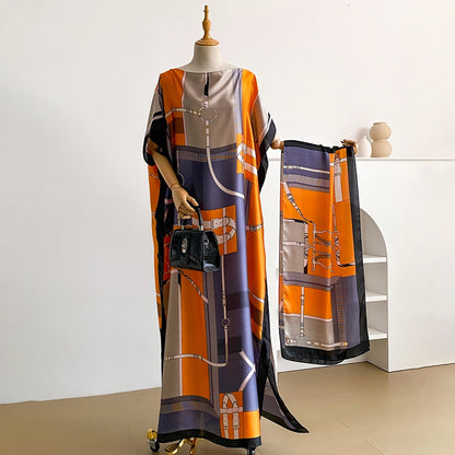Summer Fashion Kaftan Dress for Women with Big Scarf Loose Abaya Muslim Style African Casual Print Shawl Robe - New 2026
