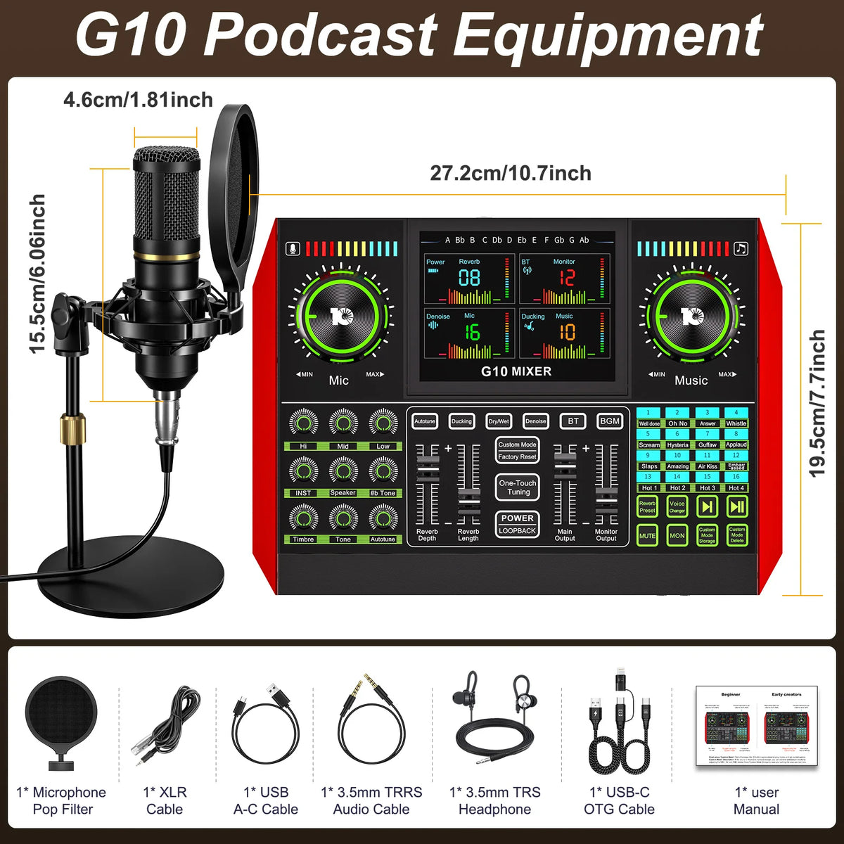 Tenlamp Podcast Equipment Bundle for 4 People, G10-BM800 Live Sound Card Audio Mixer Kit with Voice Changer, Bluetooth DJ Sound Board for PC Smartphone Laptop, Studio Recording Streaming Gaming Karaoke YouTube Vlog