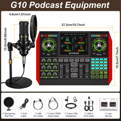 Tenlamp Podcast Equipment Bundle for 4 People, G10-BM800 Live Sound Card Audio Mixer Kit with Voice Changer, Bluetooth DJ Sound Board for PC Smartphone Laptop, Studio Recording Streaming Gaming Karaoke YouTube Vlog