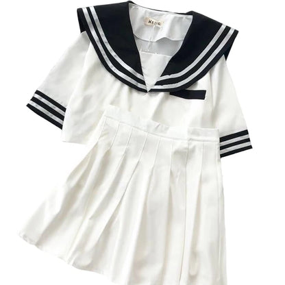 Japanese New Sailor Suit White and Navy Summer Women Student JK Uniform Suit College Style Girls Short Top Pleated Skirt Sets