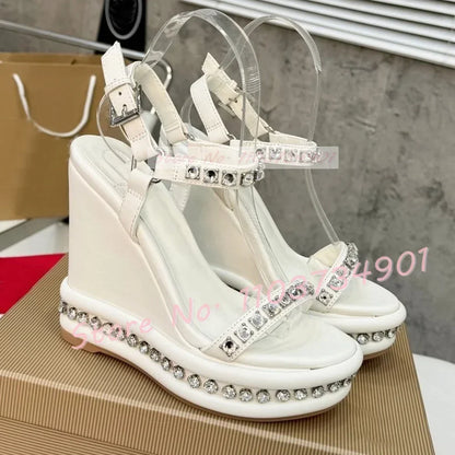 Crystal Wedges Belt Buckle Metallic Sandals Female Chic Open Toe Ankle Strap Shoes Women Luxury Party Elegant Round Toe Sandals