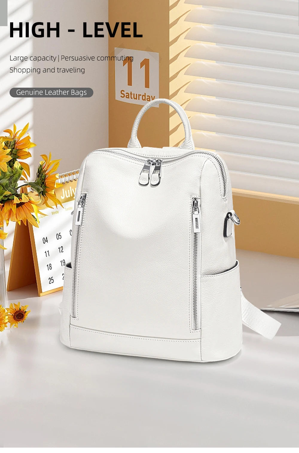 Zency Fashion Genuine Leather Backpack Knapsack Multi-pocket Day Pack Travel Convertible Shoulder Bag for Fall Winter Commuter