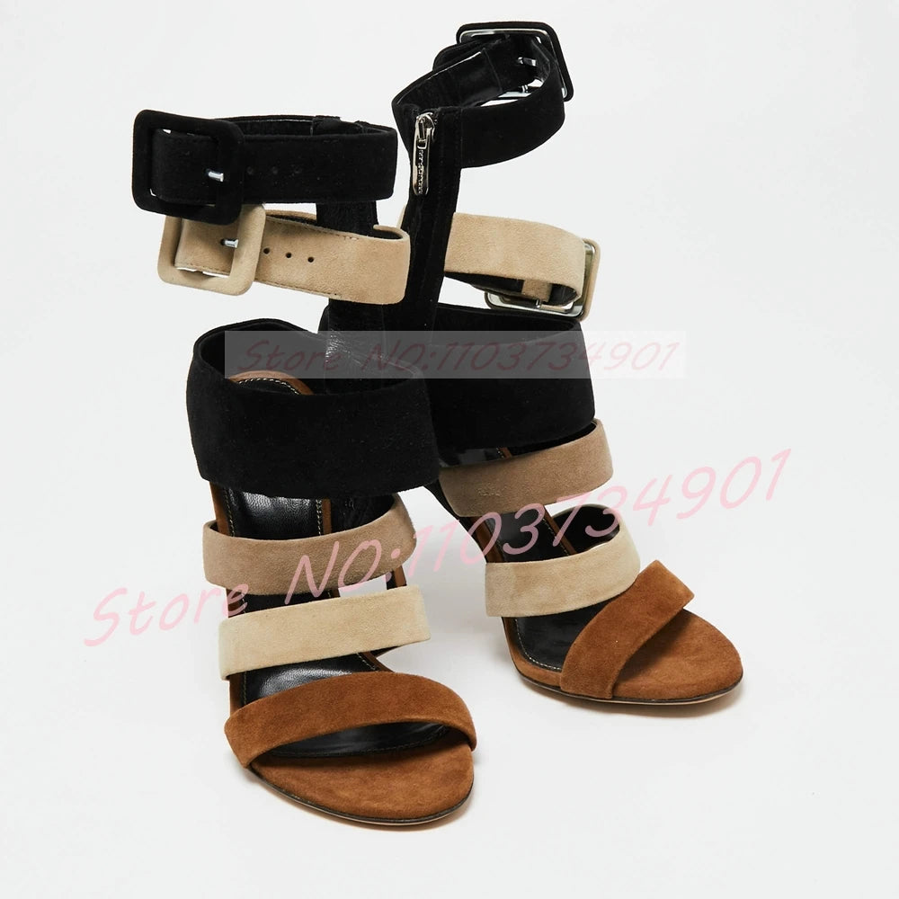 Cutout Gladiator Sandals Women Grey Suede Mixed Colors Zipper Buckle Open Toe High Heels Sandals Female Fashion Stiletto Wear