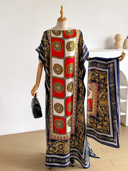 Vintage Baroque Medallion Satin Print Abaya With Scarf, Loose Maxi Kaftan For African Muslim Women Summer Beach Holiday Wear