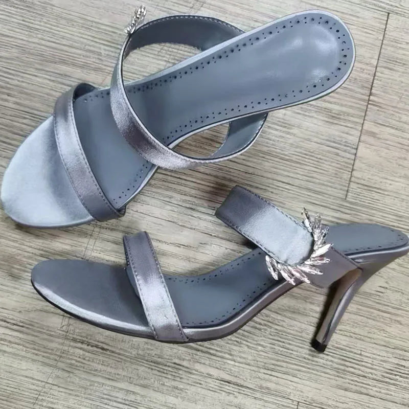 2025 Newest Rhinestone Sandals Woman Open Toe Pink Puple Luxury Satin High Heels Lady Sexy Muller Slippers