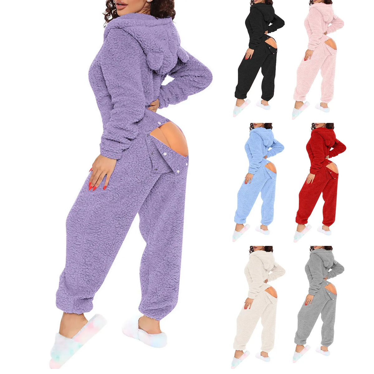 Women Jumpsuit Long Sleeve Pajama Zipper Hooded Jumpsuit Casual Winter Warm Sleepwear Sexy Butt Button Back Flap Home Clothing