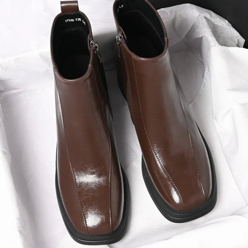 Women's Soft Sole Paneled Booties Winter New Square Toe Zip Non-Slip Heeled Leather Shoes