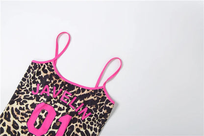 Weird Puss Hottie Trend Leopard Dress Women Sexy Digital Print Line Patchwork Low-Neck Sleeveless Fashion Party Club Bodycon