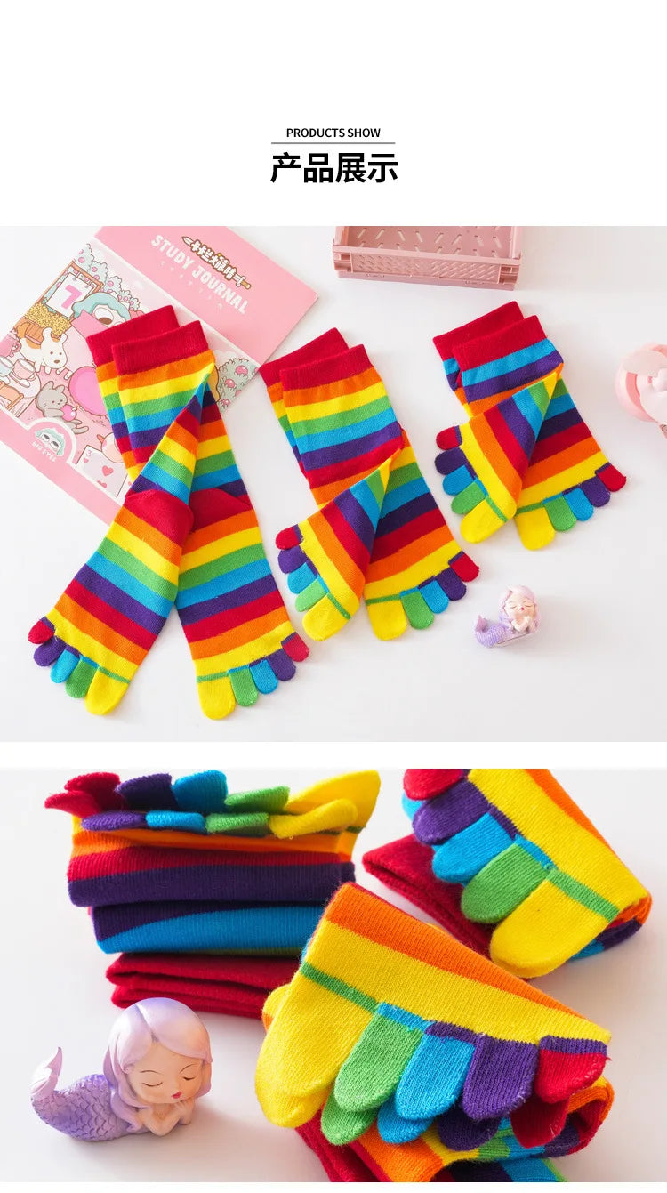 Split Toe Rainbow Socks Woman Lady Girls Colorful Striped 5 Finger Socks Cotton Bright Color Young Fashion Happy Socks with Toes
