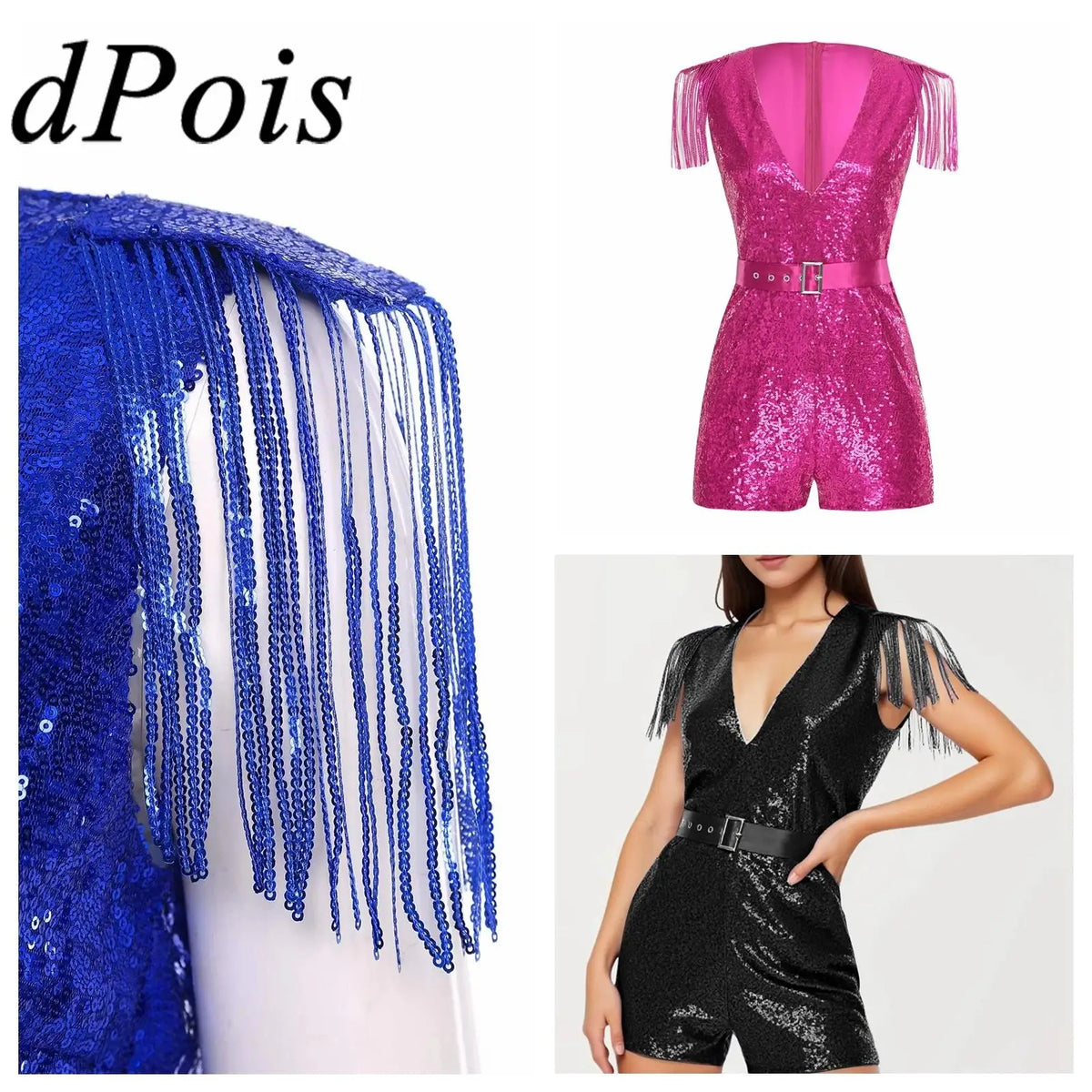 Women Sequined Unitard Fashion Short Romper Belted Tassels Jumpsuits Clubwear Sleeveless Sparkly Rave Disco Club Party Costume