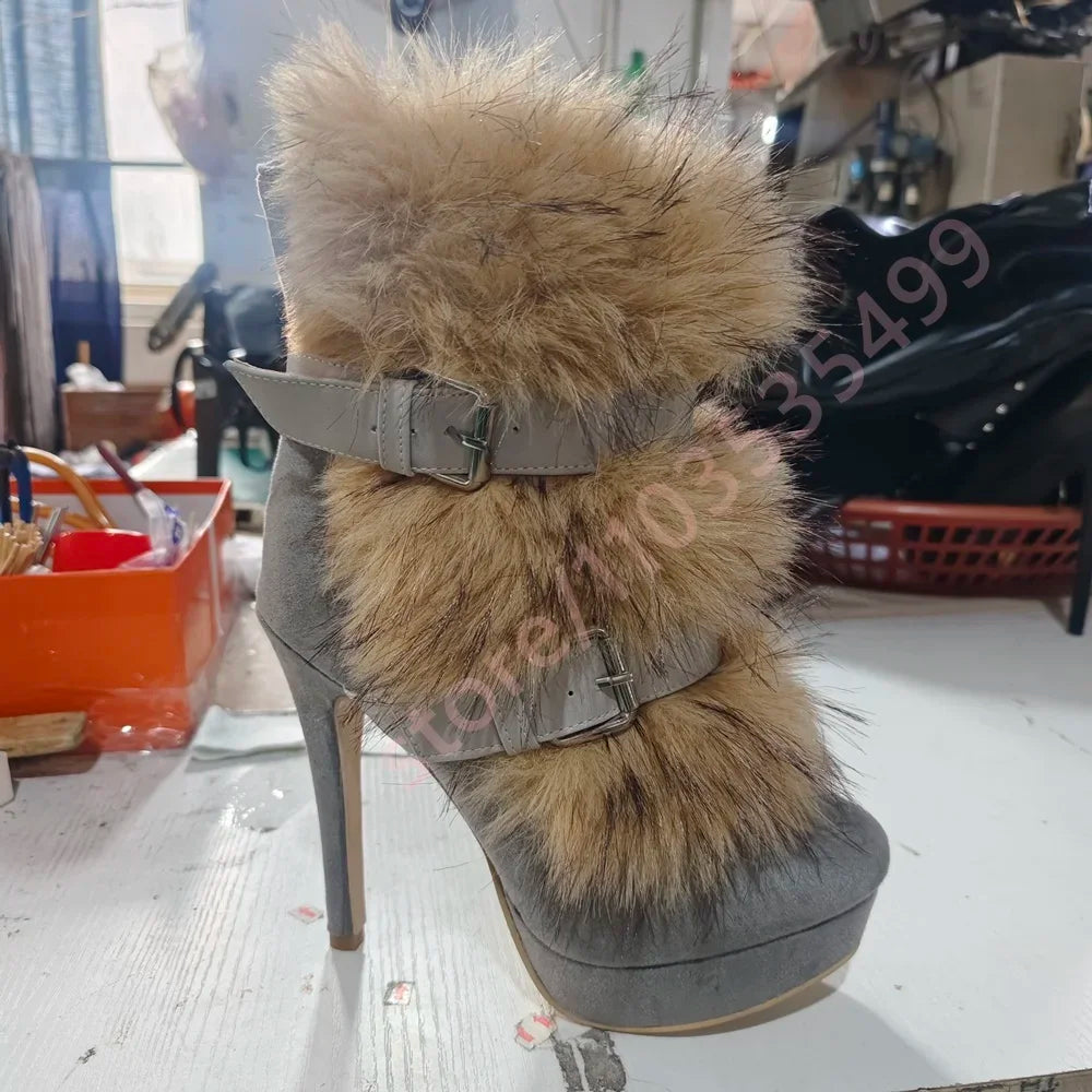 Winter Platform Belt Buckle Soft Fur Short Boots Fashion Show Party Casual Furry Boots New Sexy Women's Stiletto Warm Boots
