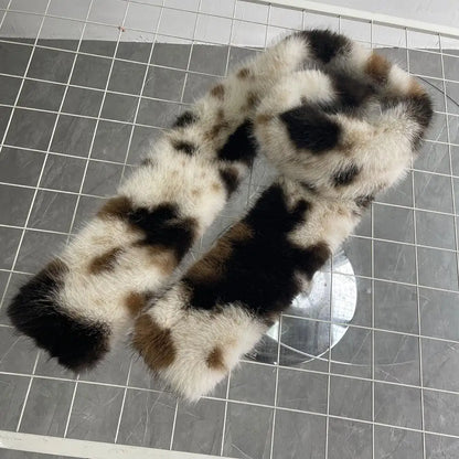 Korean Leopard Print Long Fur Scarfs Winter Y2K Vintage Warm Plush Scarf Fashion Thickened Lengthened Faux Fur Shawl Streetwear