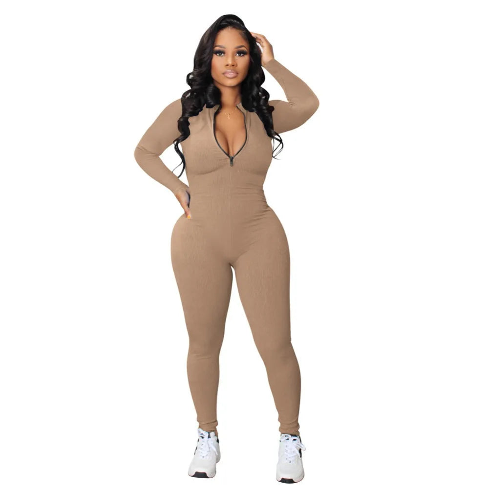 Black Jumpsuit Women 2025 Ribbed Zip Up Athletic Jumpsuit Ultimate Blend of Fashion Long Sleeve Zip V Neck Long Rompers Bodysuit