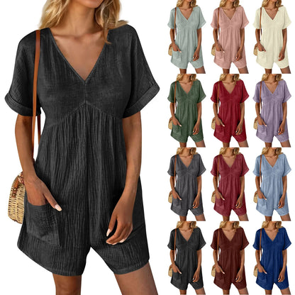 Summer Casual Overalls For Women Loose Ruched Short Sleeve V Neck Shorts Jumpsuits With Pockets Rompers Solid Bib Overall