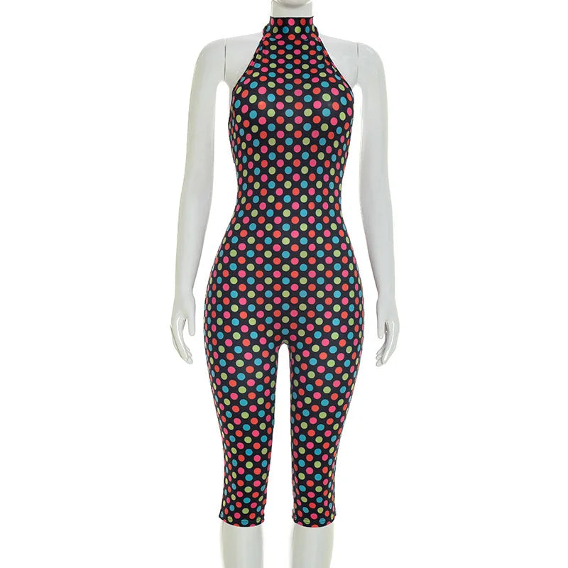 FAGADOER Fashion Color Dot Printing Bodycon Jumpsuits Woman Halter Sleeveless Backless Rompers Female Streetwear Overalls 2026