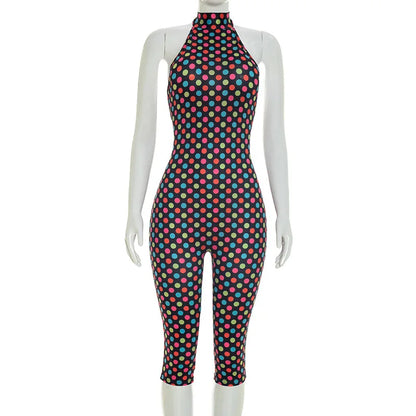 FAGADOER Fashion Color Dot Printing Bodycon Jumpsuits Woman Halter Sleeveless Backless Rompers Female Streetwear Overalls 2026
