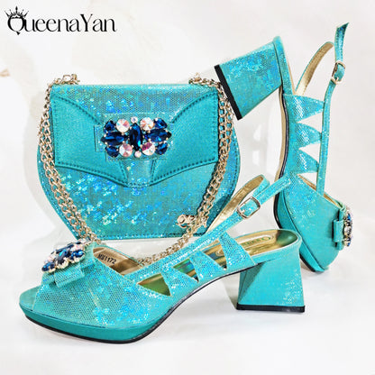 Queena Yan New Arrival  Special Synthetic Fabrics Design Teal Color Women's Matching Shoe and Bag Set  for Weddings and Parties