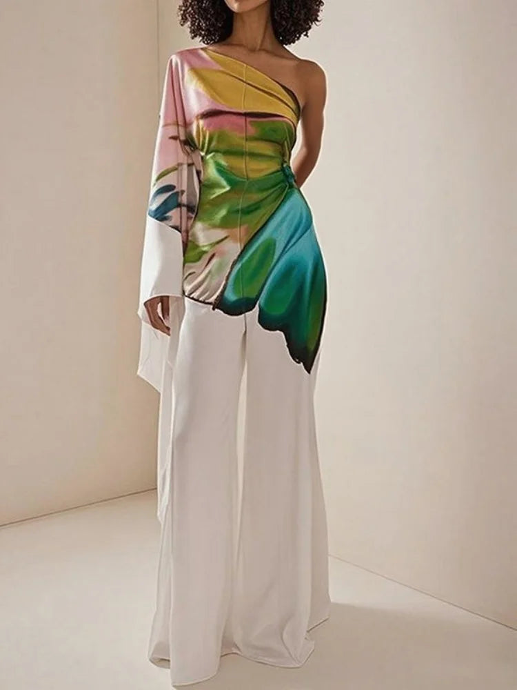 Onecozyday Women's Asymmetric One Shoulder Printed Jumpsuit 2026 Summer Elegant Loose Fit Floor length Formal One-piece Suit
