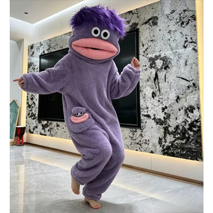 Cute Big Mouth Monster Onesie Pajamas Thick Coral Fleece Homewear Funny Couple Sleepwear for Men Women Autumn Winter Lounge Wear