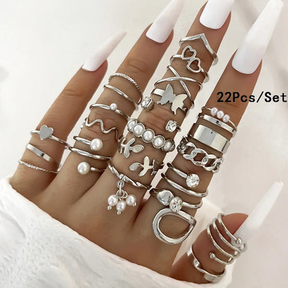 28Pcs Fashion Geometric Knuckle Rings Set For Women Crystal Heart Gold Silver Color Rings Girls  Party Jewelry Accessories