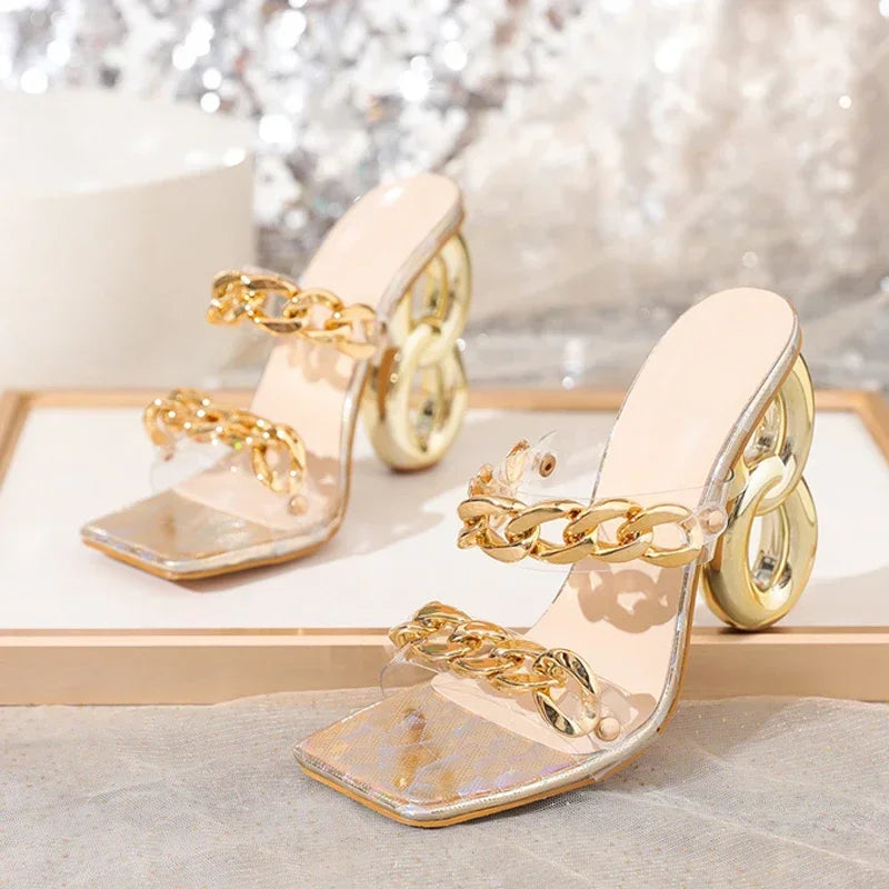 New Style Luxury Fashion Strange Fretwork Heels Slippers PVC Transparent Shoes Women's Slides Fashion Metal Chain Summer Sandals