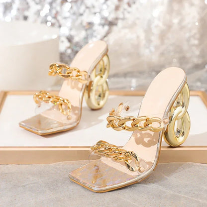 New Style Luxury Fashion Strange Fretwork Heels Slippers PVC Transparent Shoes Women's Slides Fashion Metal Chain Summer Sandals