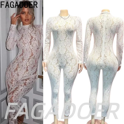 FAGADOER Fashion Floral Lace Bodycon Jumpsuits 2026 Women Sexy White See Through Long Sleeves Rompers Night Party Club Playsuits