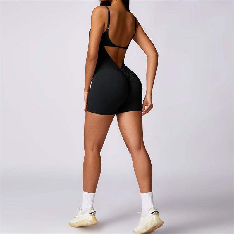 One-Pieces Fitness Overalls Women's Gym Jumpsuits with Shorts Scrunch Butt Sports Rompers High Elastic Backless Workout Clothes