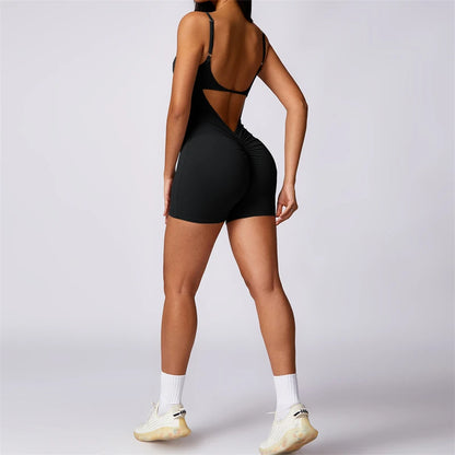 One-Pieces Fitness Overalls Women's Gym Jumpsuits with Shorts Scrunch Butt Sports Rompers High Elastic Backless Workout Clothes