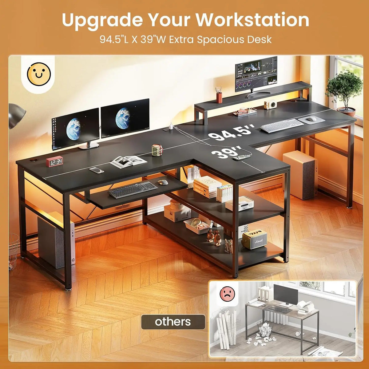 94.5" 2 Person Gaming Desk with Storage Shelves, LED Light, Black | Double T Shaped Office Desk with Keyboard Tray,, Custom